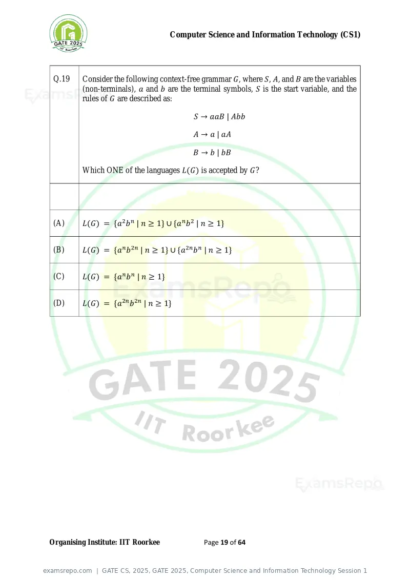 GATE CS 2025 question paper, GATE 2025, Computer Science and Information Technology Session 1, page 19 of 64
