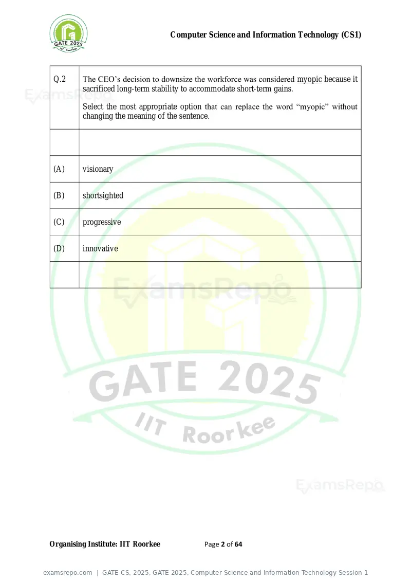GATE CS 2025 question paper, GATE 2025, Computer Science and Information Technology Session 1, page 2 of 64