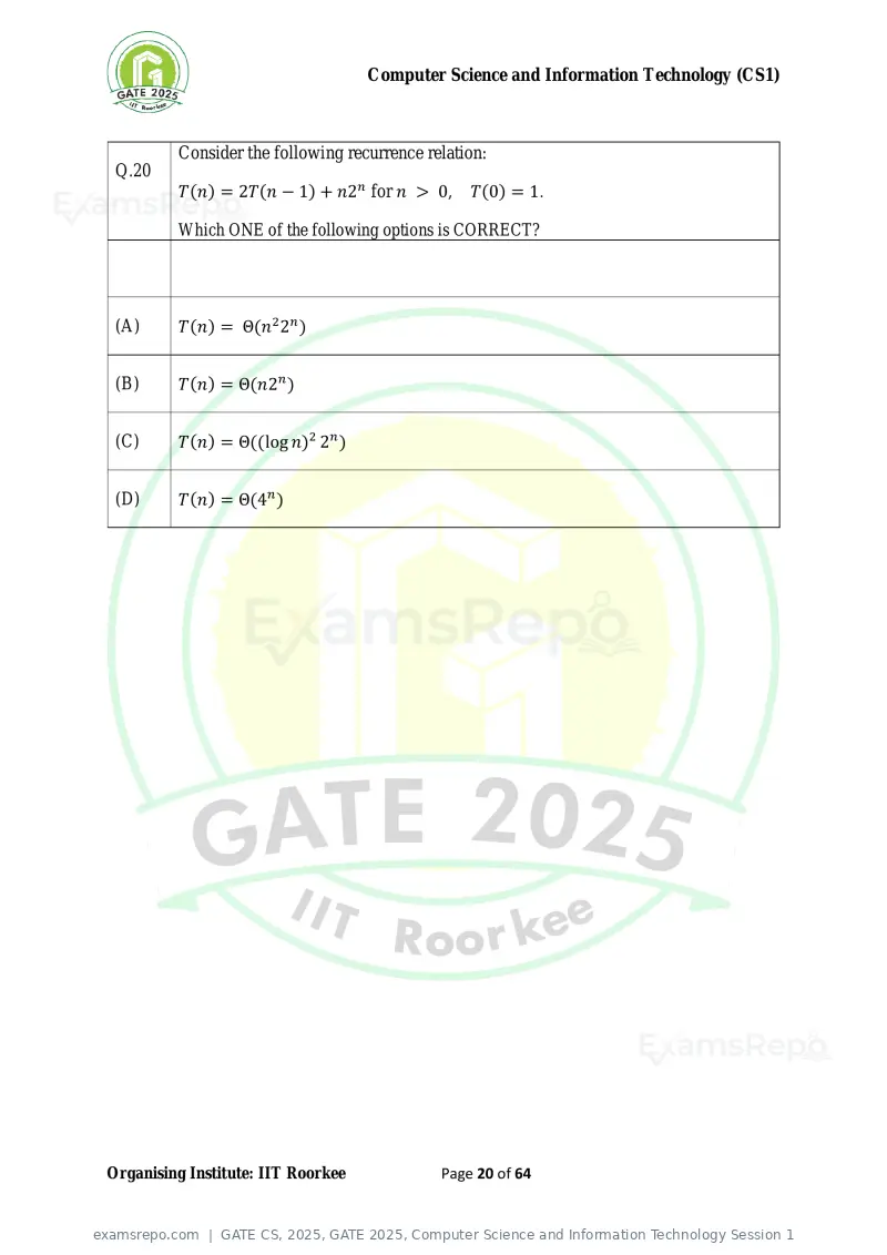 GATE CS 2025 question paper, GATE 2025, Computer Science and Information Technology Session 1, page 20 of 64