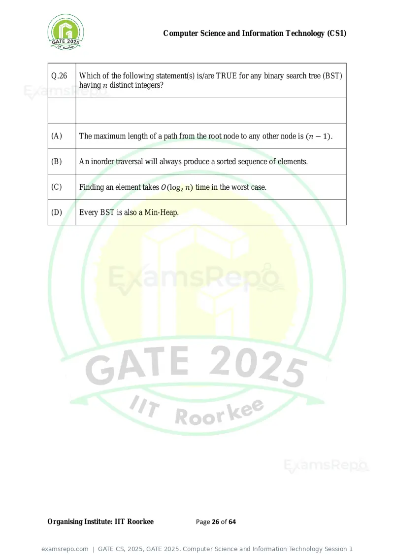 GATE CS 2025 question paper, GATE 2025, Computer Science and Information Technology Session 1, page 26 of 64