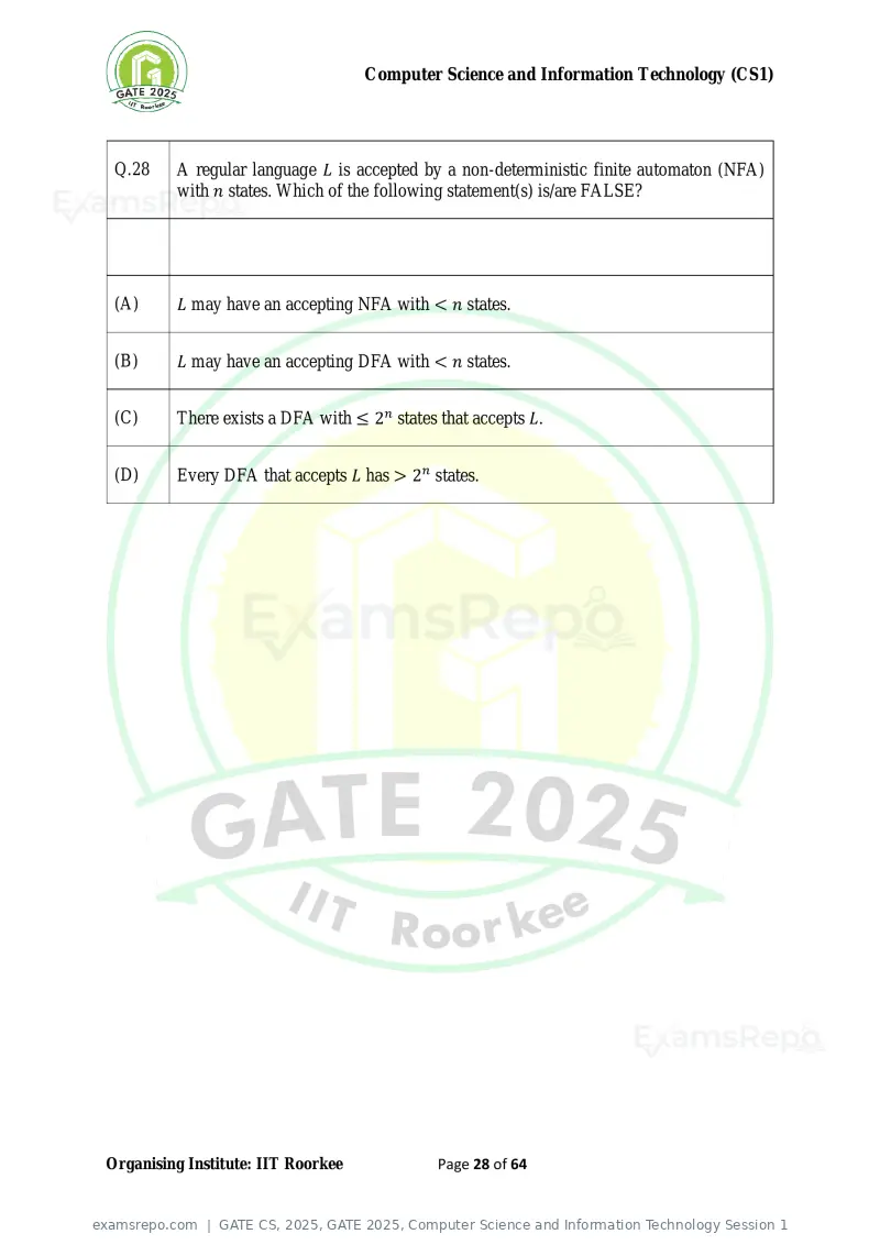 GATE CS 2025 question paper, GATE 2025, Computer Science and Information Technology Session 1, page 28 of 64