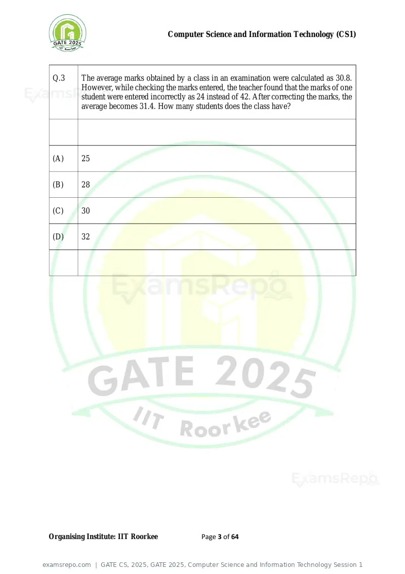 GATE CS 2025 question paper, GATE 2025, Computer Science and Information Technology Session 1, page 3 of 64