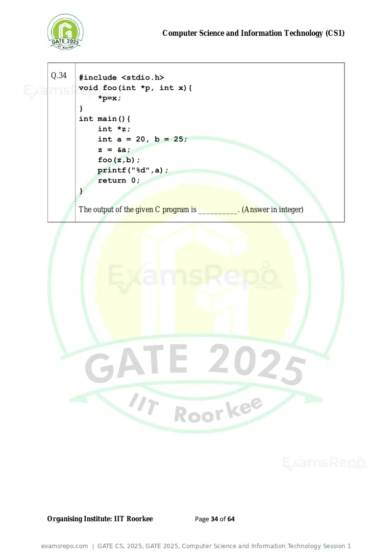 GATE CS 2025 question paper, GATE 2025, Computer Science and Information Technology Session 1, page 34 of 64