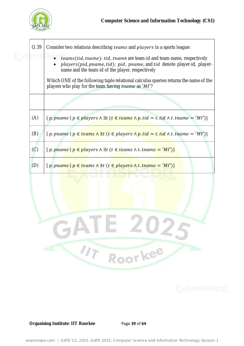 GATE CS 2025 question paper, GATE 2025, Computer Science and Information Technology Session 1, page 39 of 64