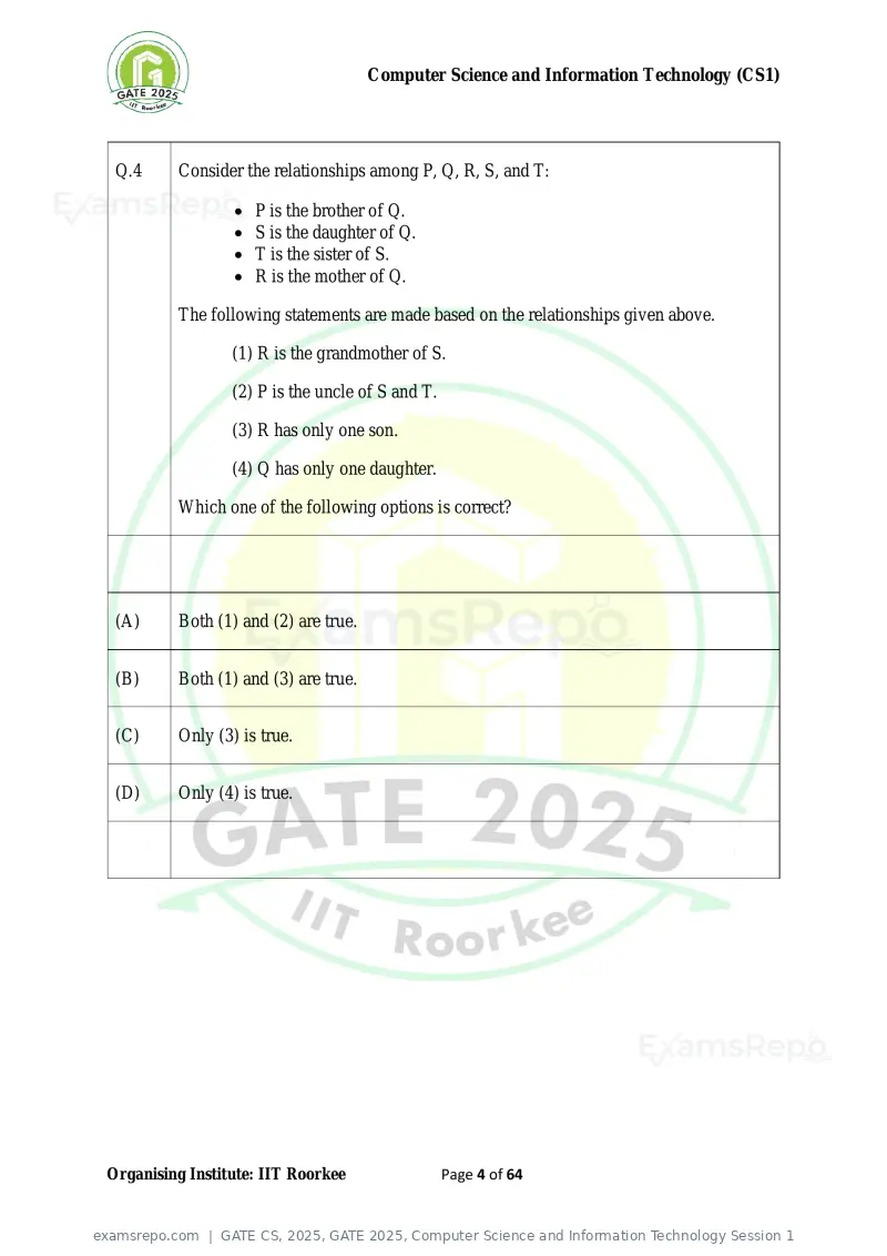 GATE CS 2025 question paper, GATE 2025, Computer Science and Information Technology Session 1, page 4 of 64