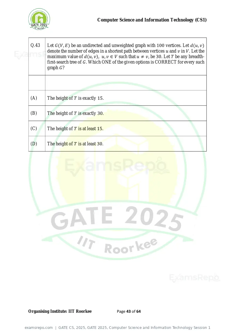 GATE CS 2025 question paper, GATE 2025, Computer Science and Information Technology Session 1, page 43 of 64
