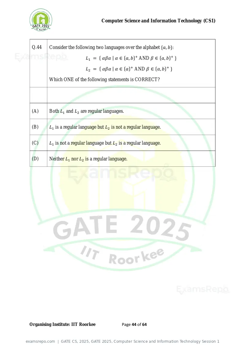 GATE CS 2025 question paper, GATE 2025, Computer Science and Information Technology Session 1, page 44 of 64