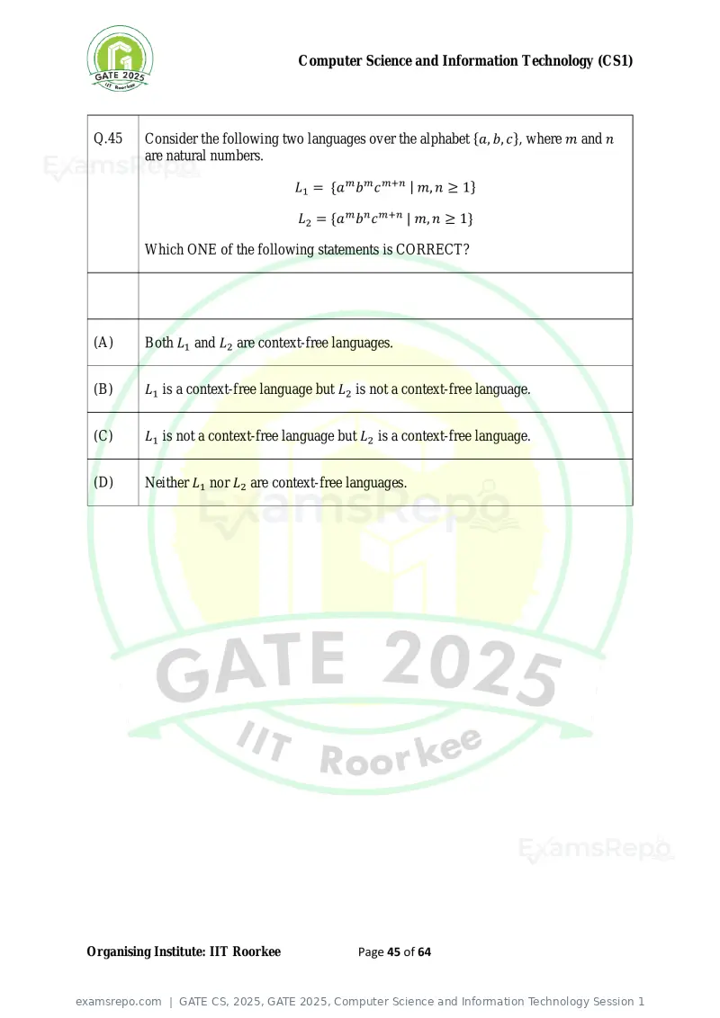 GATE CS 2025 question paper, GATE 2025, Computer Science and Information Technology Session 1, page 45 of 64