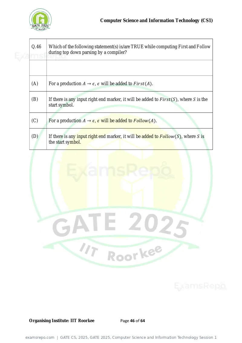 GATE CS 2025 question paper, GATE 2025, Computer Science and Information Technology Session 1, page 46 of 64