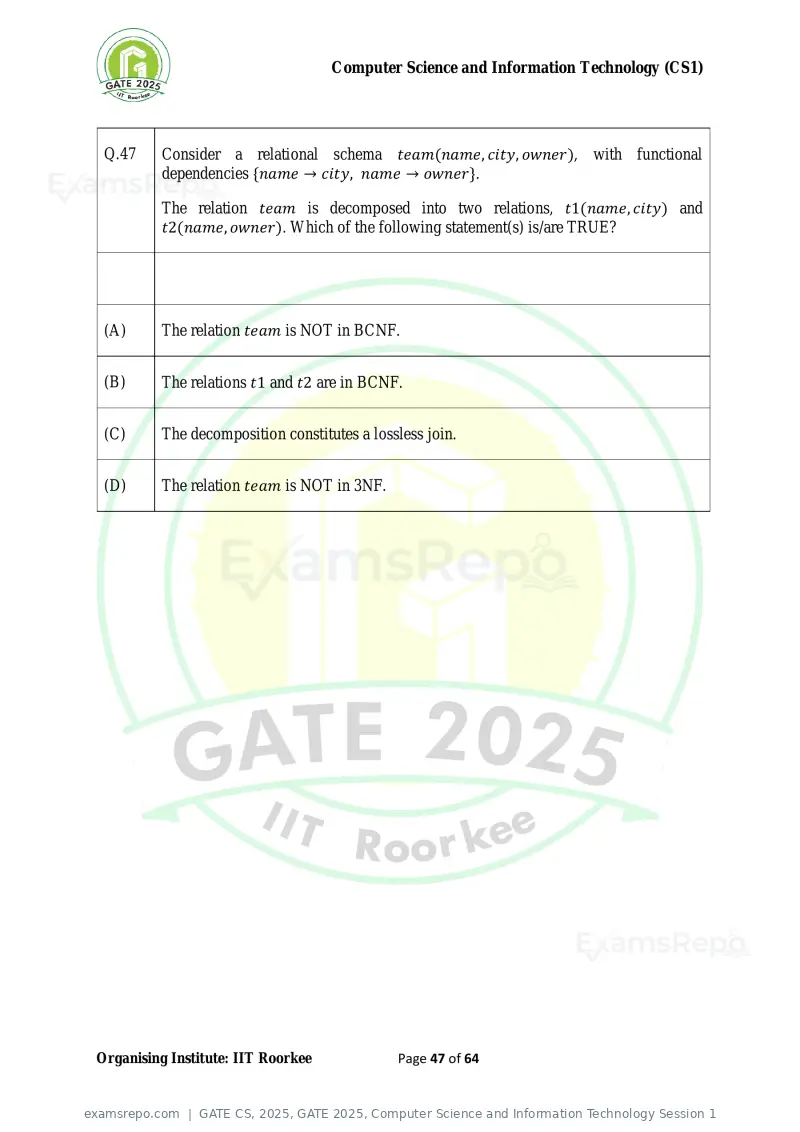 GATE CS 2025 question paper, GATE 2025, Computer Science and Information Technology Session 1, page 47 of 64