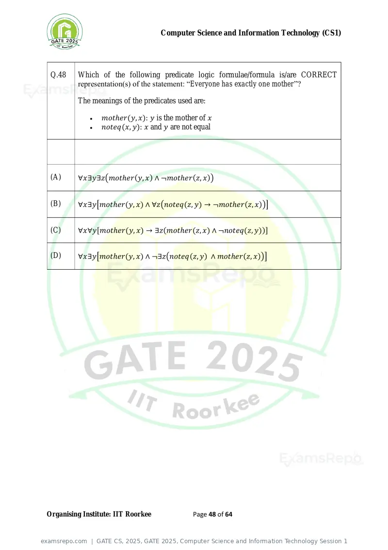 GATE CS 2025 question paper, GATE 2025, Computer Science and Information Technology Session 1, page 48 of 64