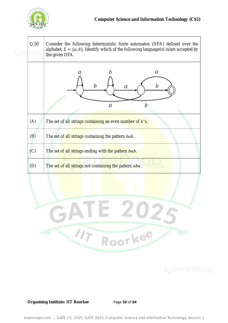 GATE CS 2025 question paper, GATE 2025, Computer Science and Information Technology Session 1, page 50 of 64