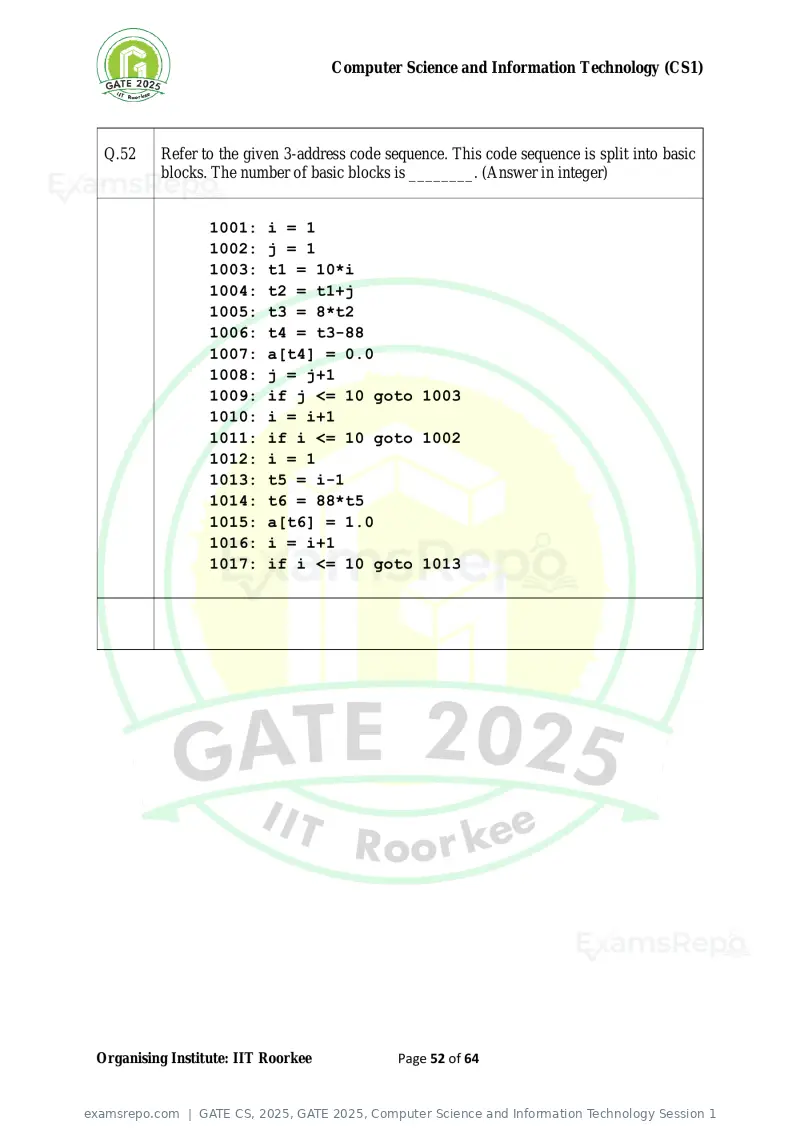 GATE CS 2025 question paper, GATE 2025, Computer Science and Information Technology Session 1, page 52 of 64