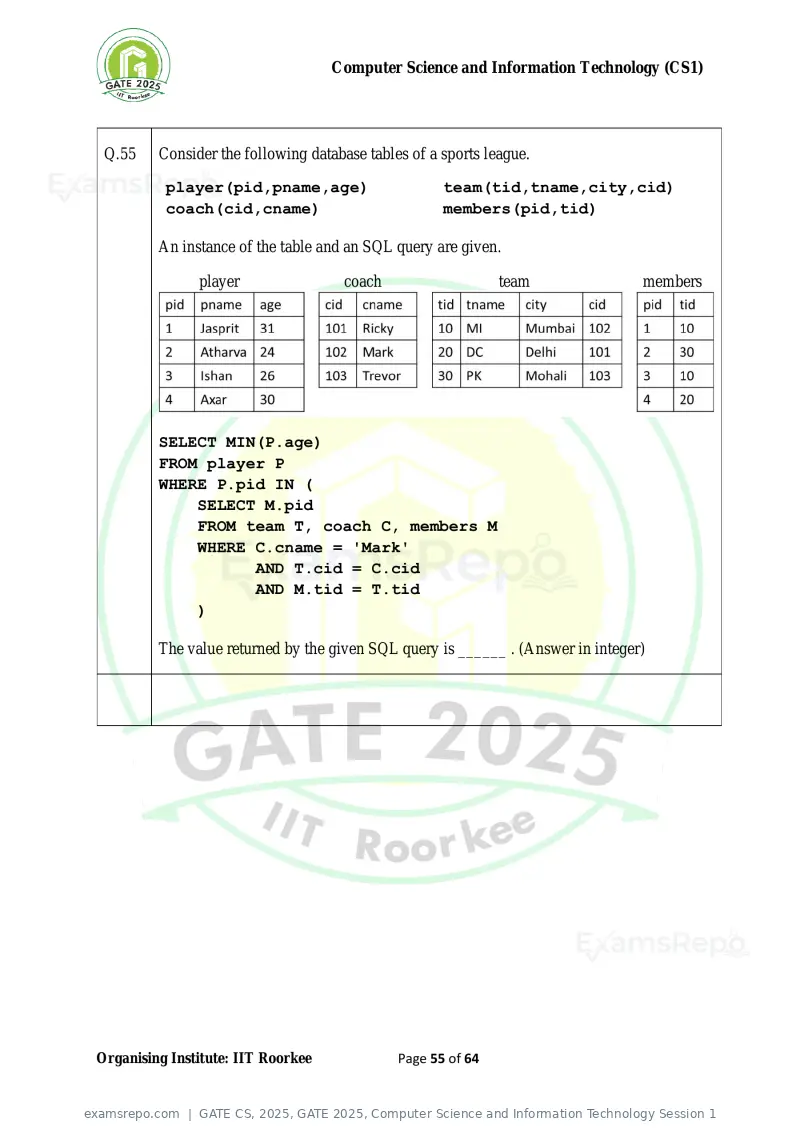 GATE CS 2025 question paper, GATE 2025, Computer Science and Information Technology Session 1, page 55 of 64