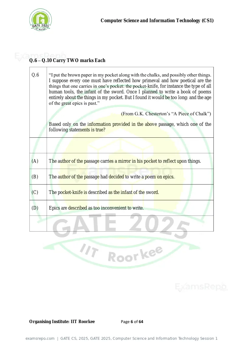 GATE CS 2025 question paper, GATE 2025, Computer Science and Information Technology Session 1, page 6 of 64