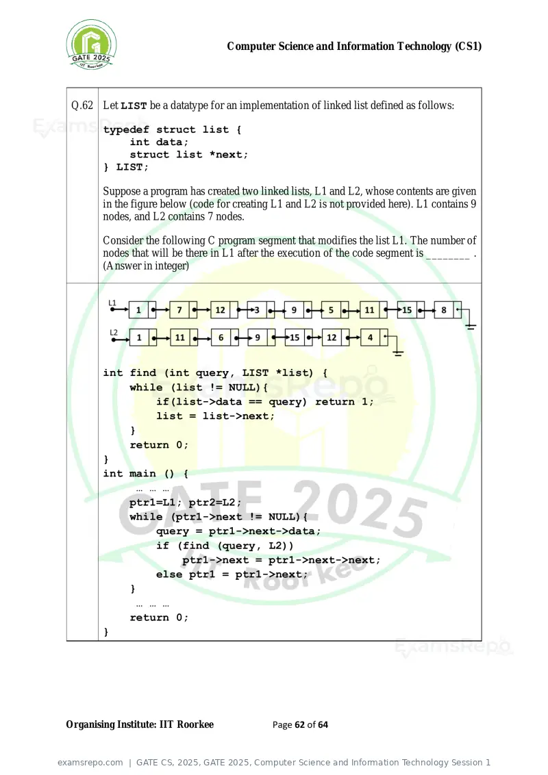 GATE CS 2025 question paper, GATE 2025, Computer Science and Information Technology Session 1, page 62 of 64