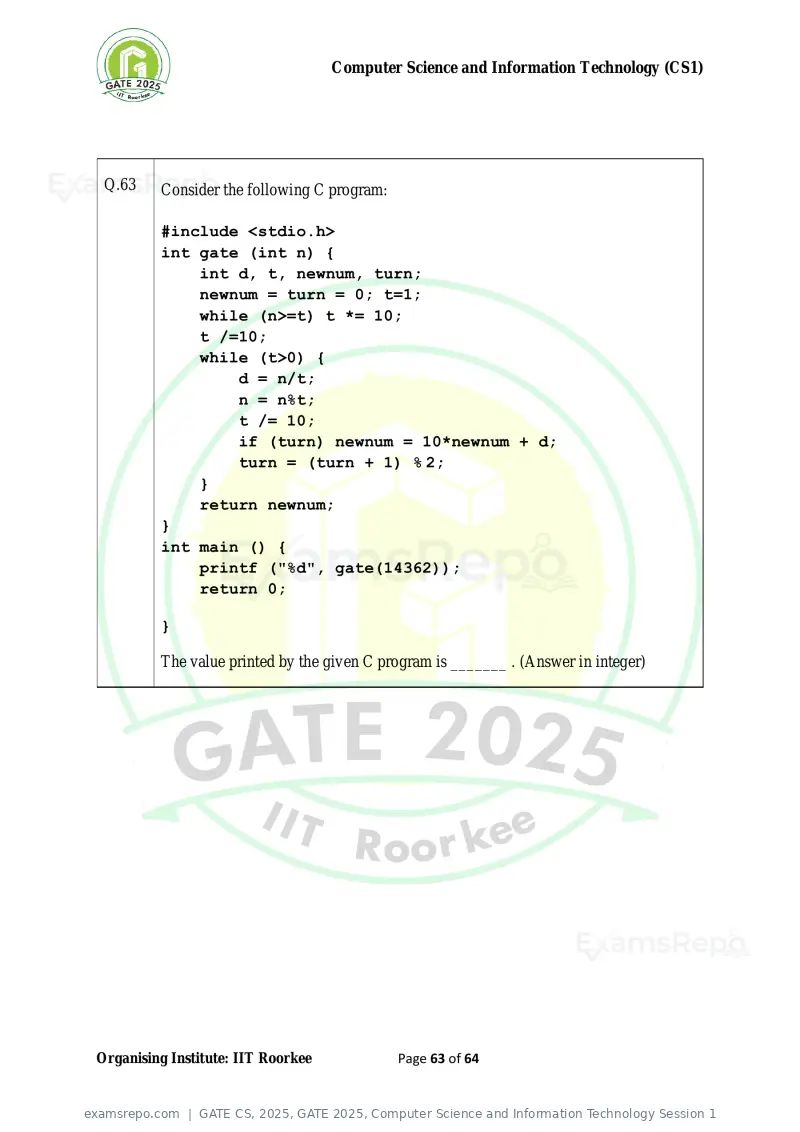 GATE CS 2025 question paper, GATE 2025, Computer Science and Information Technology Session 1, page 63 of 64
