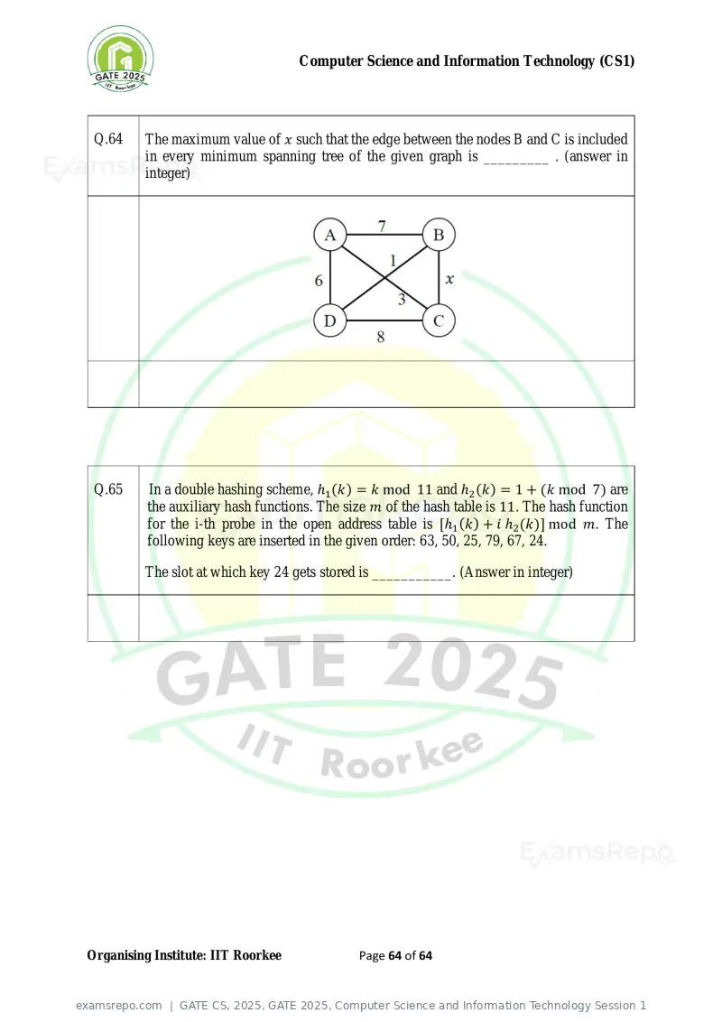 GATE CS 2025 question paper, GATE 2025, Computer Science and Information Technology Session 1, page 64 of 64