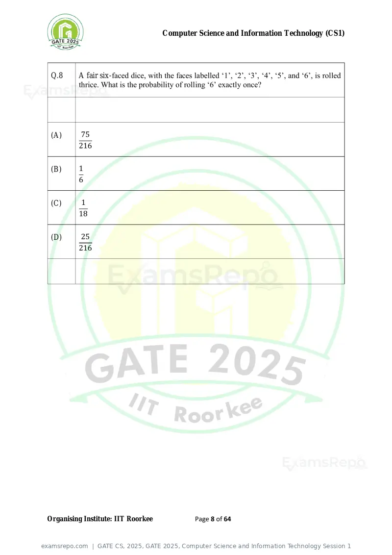 GATE CS 2025 question paper, GATE 2025, Computer Science and Information Technology Session 1, page 8 of 64