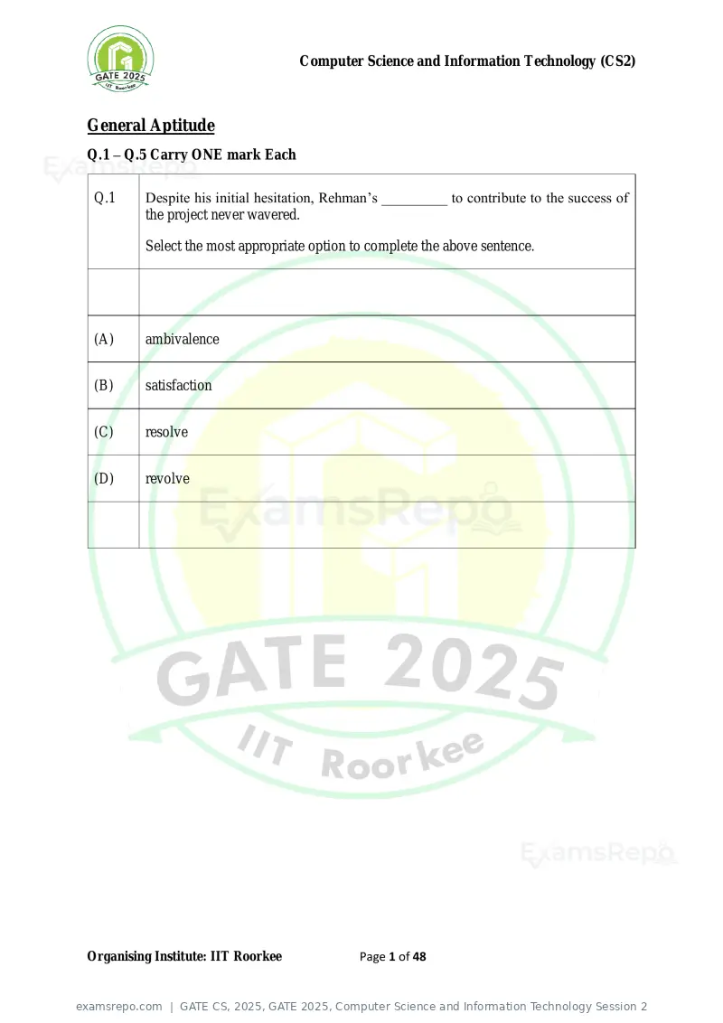 GATE CS 2025 question paper, GATE 2025, Computer Science and Information Technology Session 2, page 1 of 48