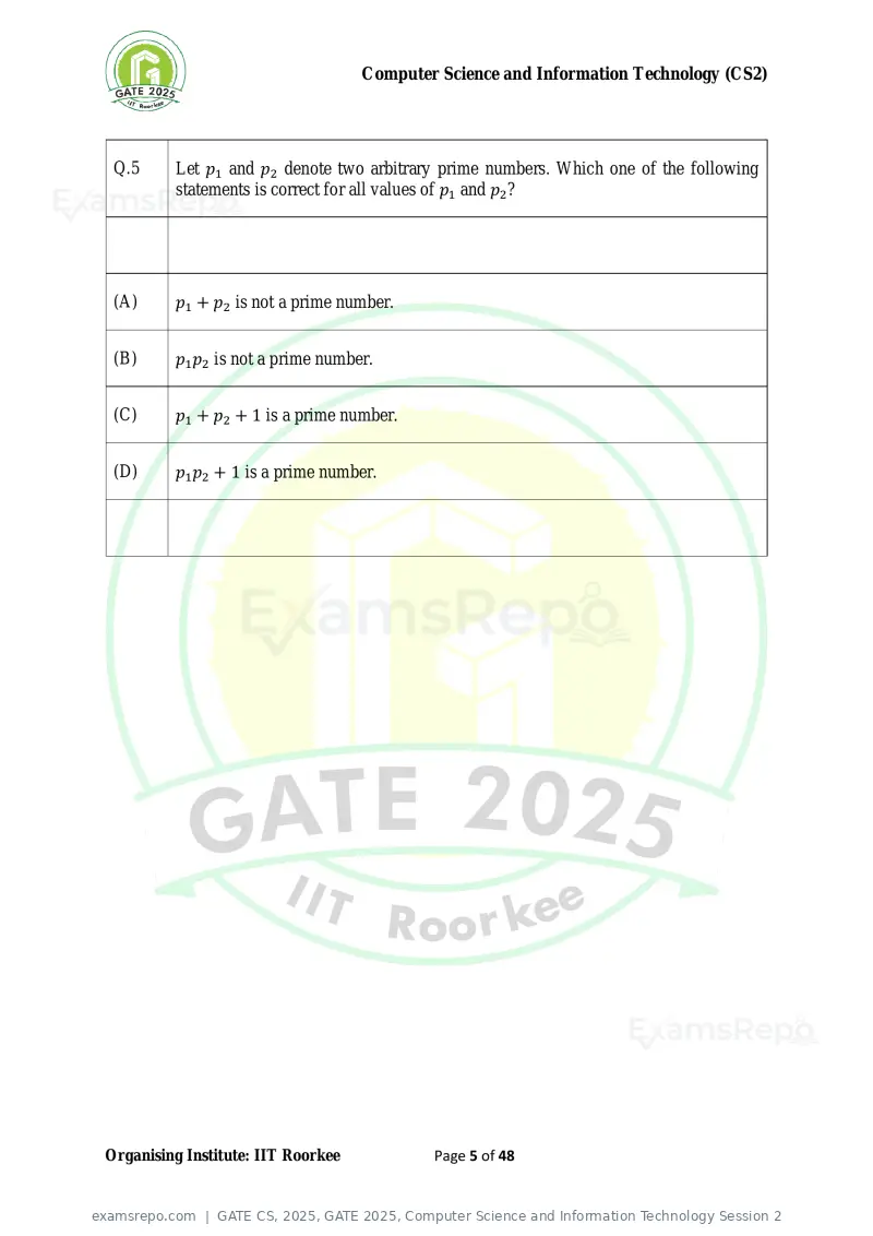 GATE CS 2025 question paper, GATE 2025, Computer Science and Information Technology Session 2, page 5 of 48
