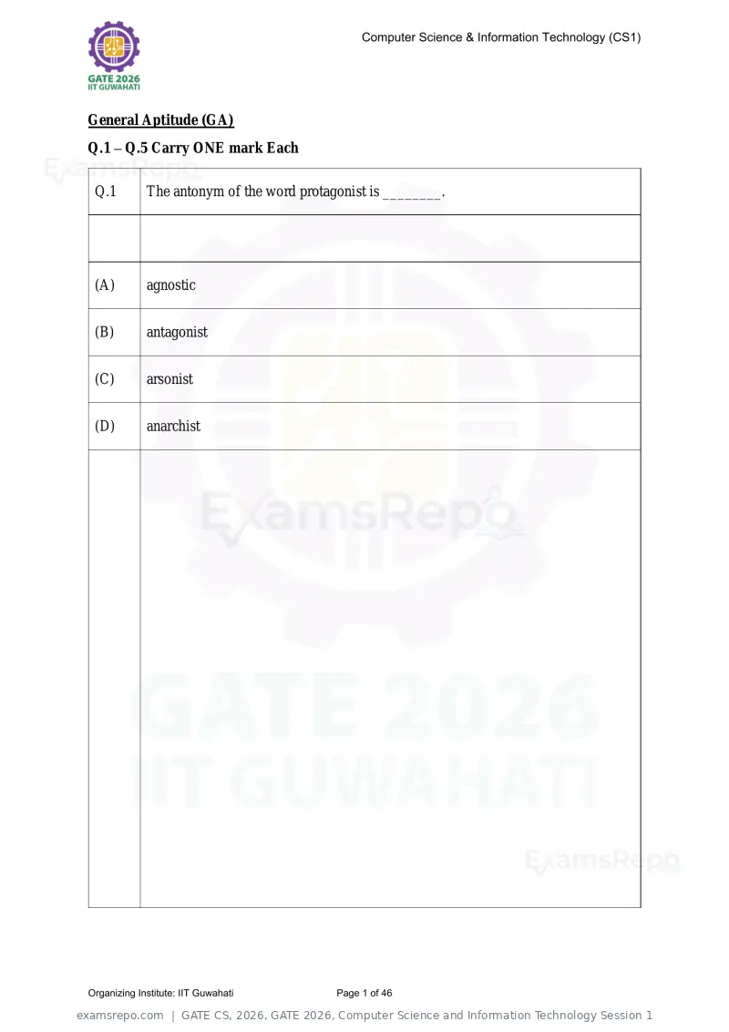 GATE CS 2026 question paper, GATE 2026, Computer Science and Information Technology Session 1, page 1 of 46