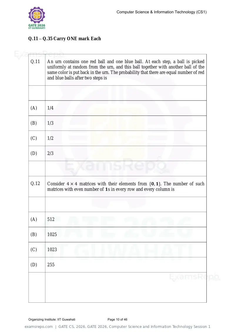 GATE CS 2026 question paper, GATE 2026, Computer Science and Information Technology Session 1, page 10 of 46