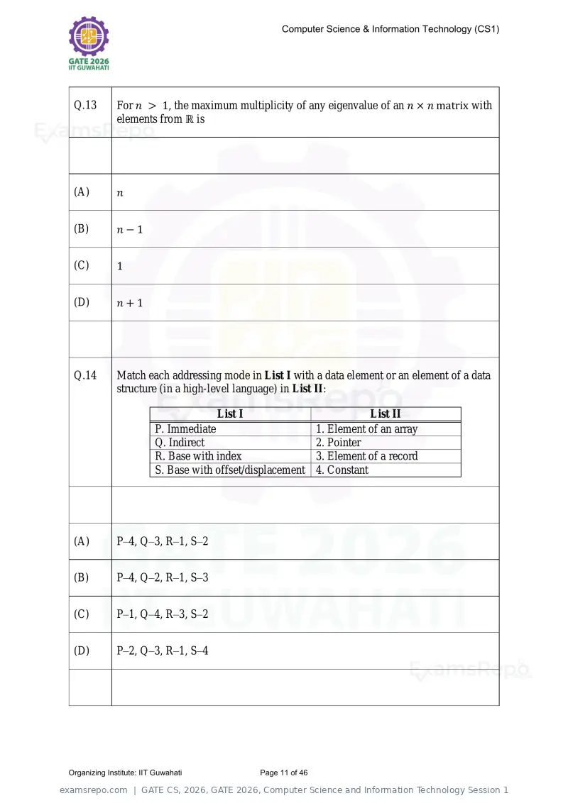 GATE CS 2026 question paper, GATE 2026, Computer Science and Information Technology Session 1, page 11 of 46