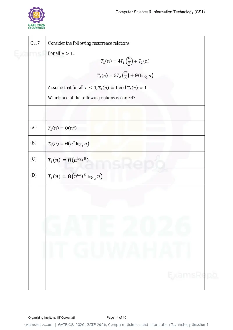 GATE CS 2026 question paper, GATE 2026, Computer Science and Information Technology Session 1, page 14 of 46