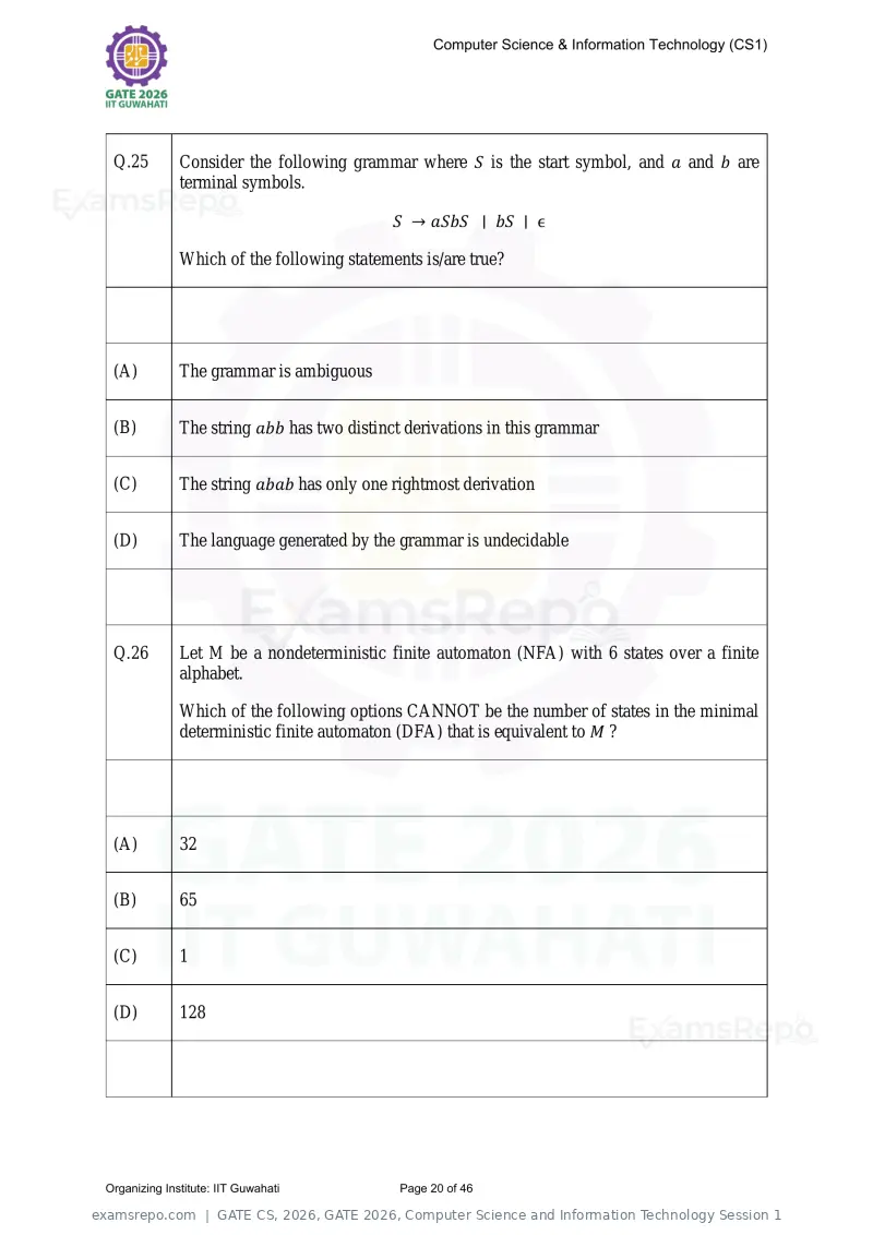 GATE CS 2026 question paper, GATE 2026, Computer Science and Information Technology Session 1, page 20 of 46