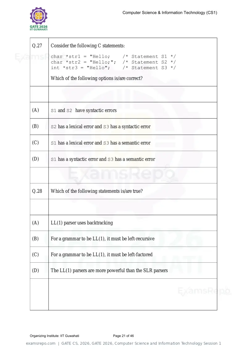 GATE CS 2026 question paper, GATE 2026, Computer Science and Information Technology Session 1, page 21 of 46