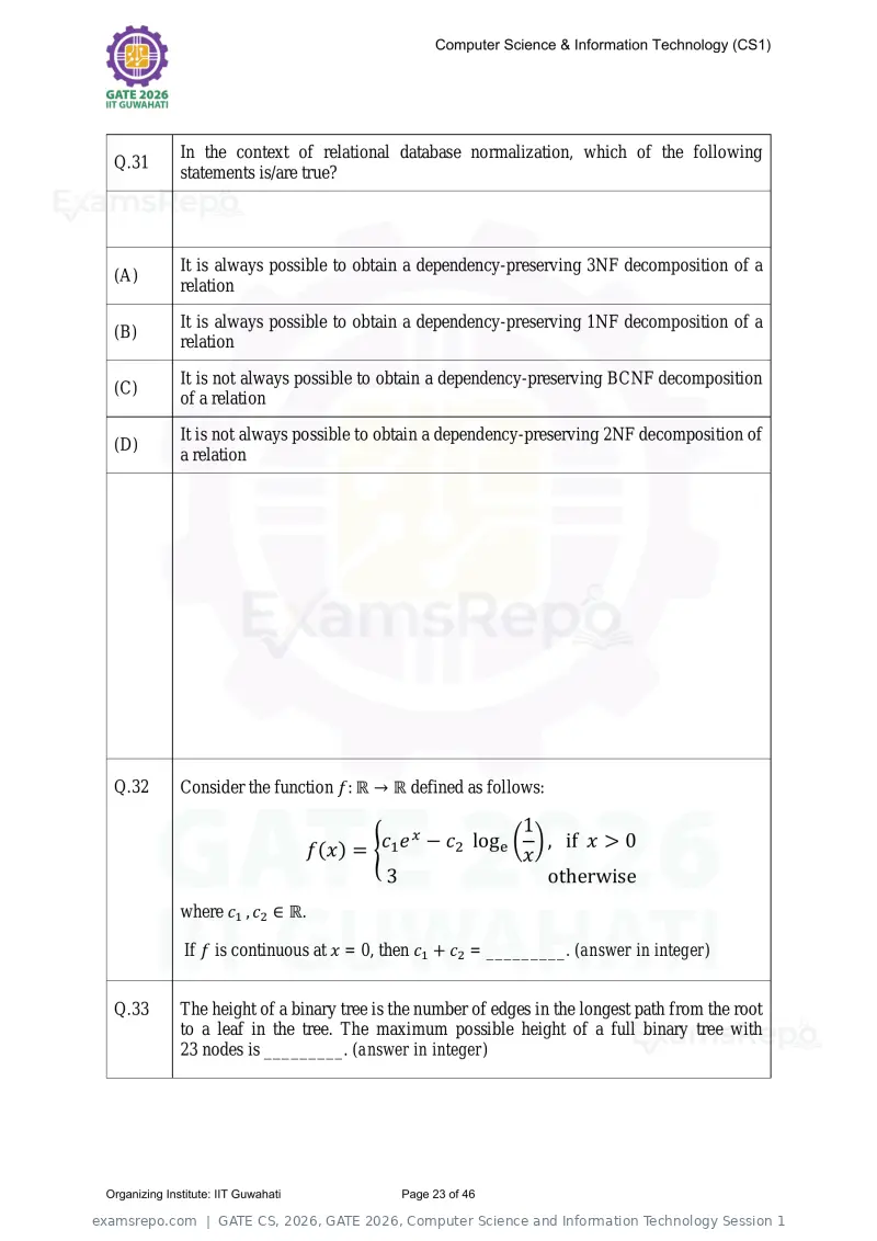 GATE CS 2026 question paper, GATE 2026, Computer Science and Information Technology Session 1, page 23 of 46