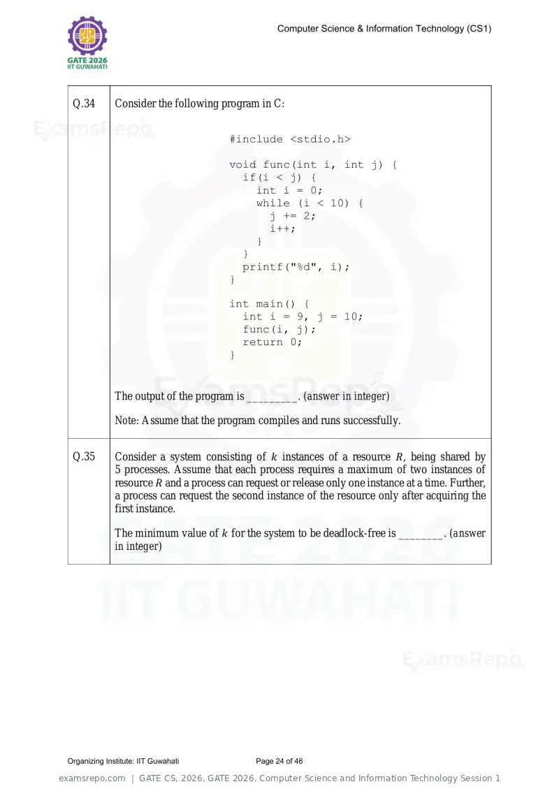 GATE CS 2026 question paper, GATE 2026, Computer Science and Information Technology Session 1, page 24 of 46