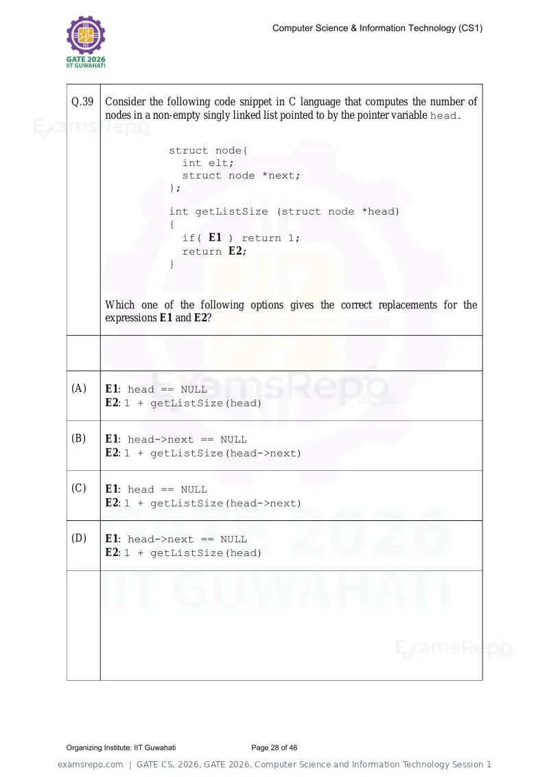 GATE CS 2026 question paper, GATE 2026, Computer Science and Information Technology Session 1, page 28 of 46