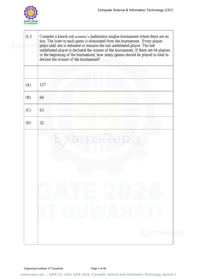 GATE CS 2026 question paper, GATE 2026, Computer Science and Information Technology Session 1, page 3 of 46