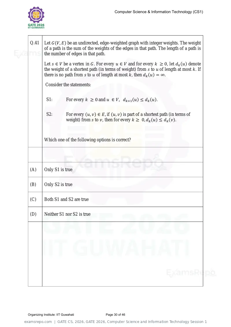 GATE CS 2026 question paper, GATE 2026, Computer Science and Information Technology Session 1, page 30 of 46
