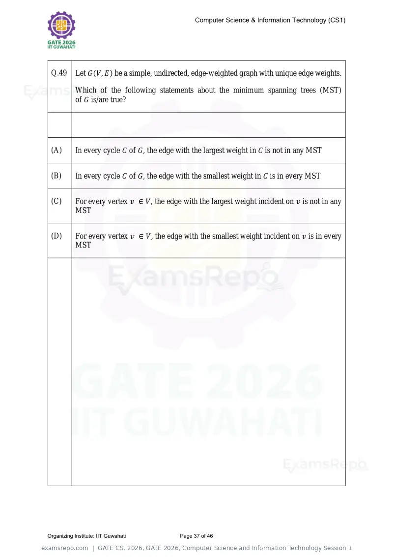 GATE CS 2026 question paper, GATE 2026, Computer Science and Information Technology Session 1, page 37 of 46