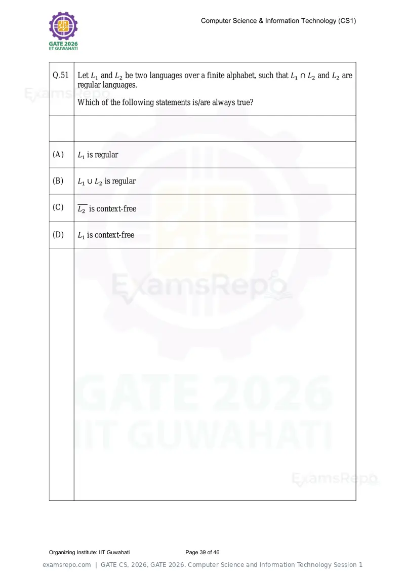 GATE CS 2026 question paper, GATE 2026, Computer Science and Information Technology Session 1, page 39 of 46