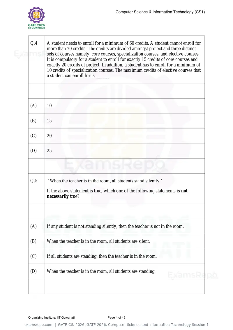 GATE CS 2026 question paper, GATE 2026, Computer Science and Information Technology Session 1, page 4 of 46