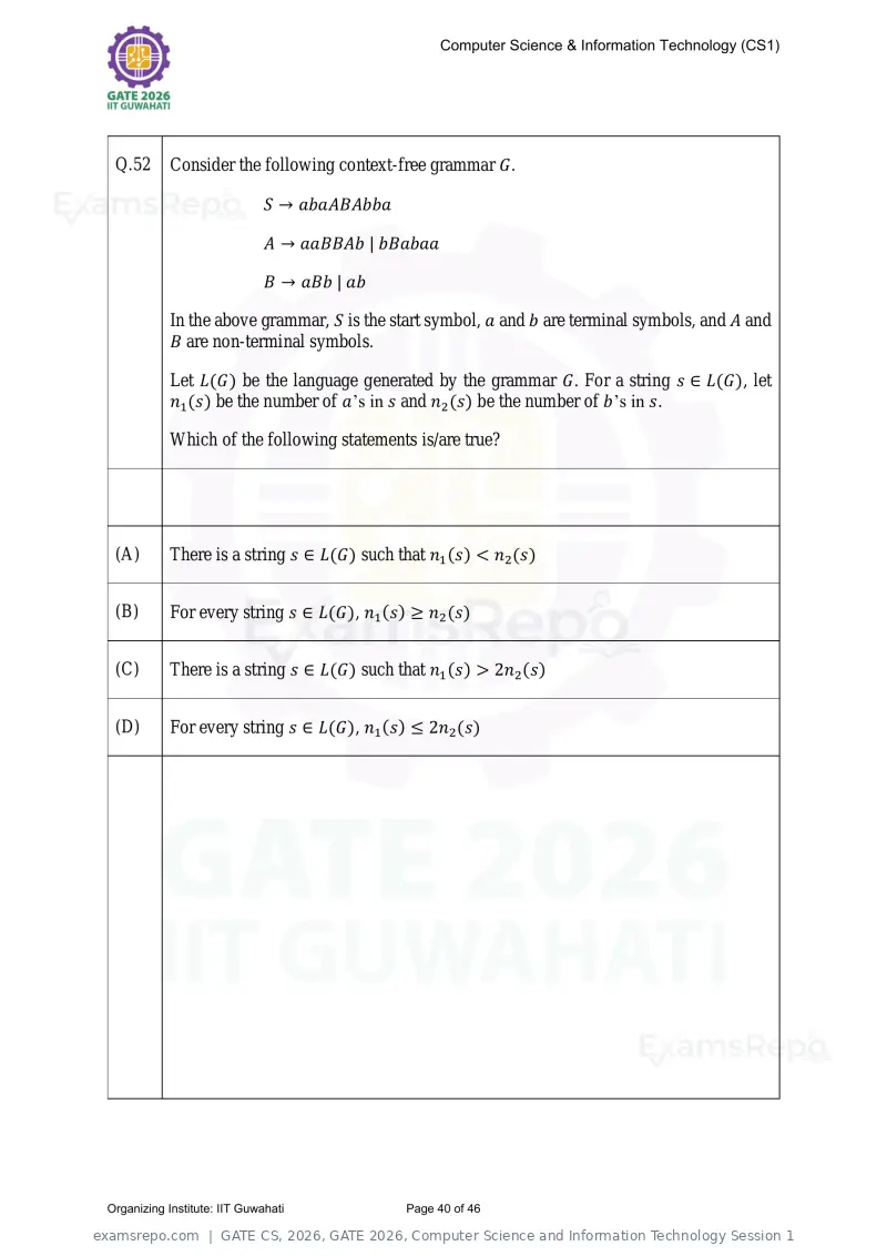 GATE CS 2026 question paper, GATE 2026, Computer Science and Information Technology Session 1, page 40 of 46