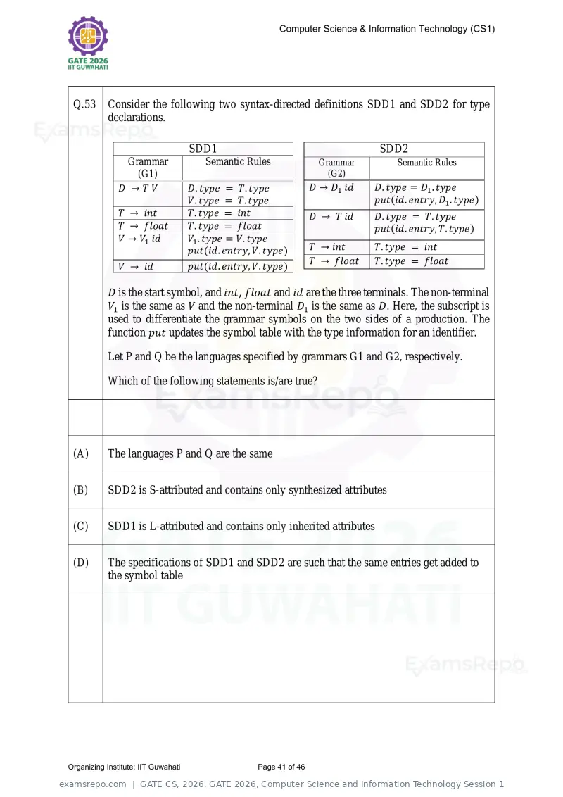 GATE CS 2026 question paper, GATE 2026, Computer Science and Information Technology Session 1, page 41 of 46
