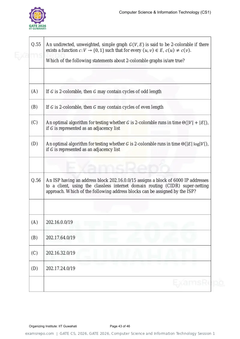 GATE CS 2026 question paper, GATE 2026, Computer Science and Information Technology Session 1, page 43 of 46