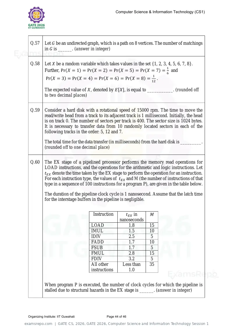 GATE CS 2026 question paper, GATE 2026, Computer Science and Information Technology Session 1, page 44 of 46