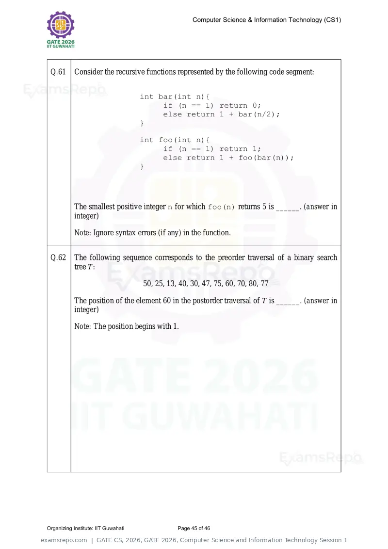 GATE CS 2026 question paper, GATE 2026, Computer Science and Information Technology Session 1, page 45 of 46