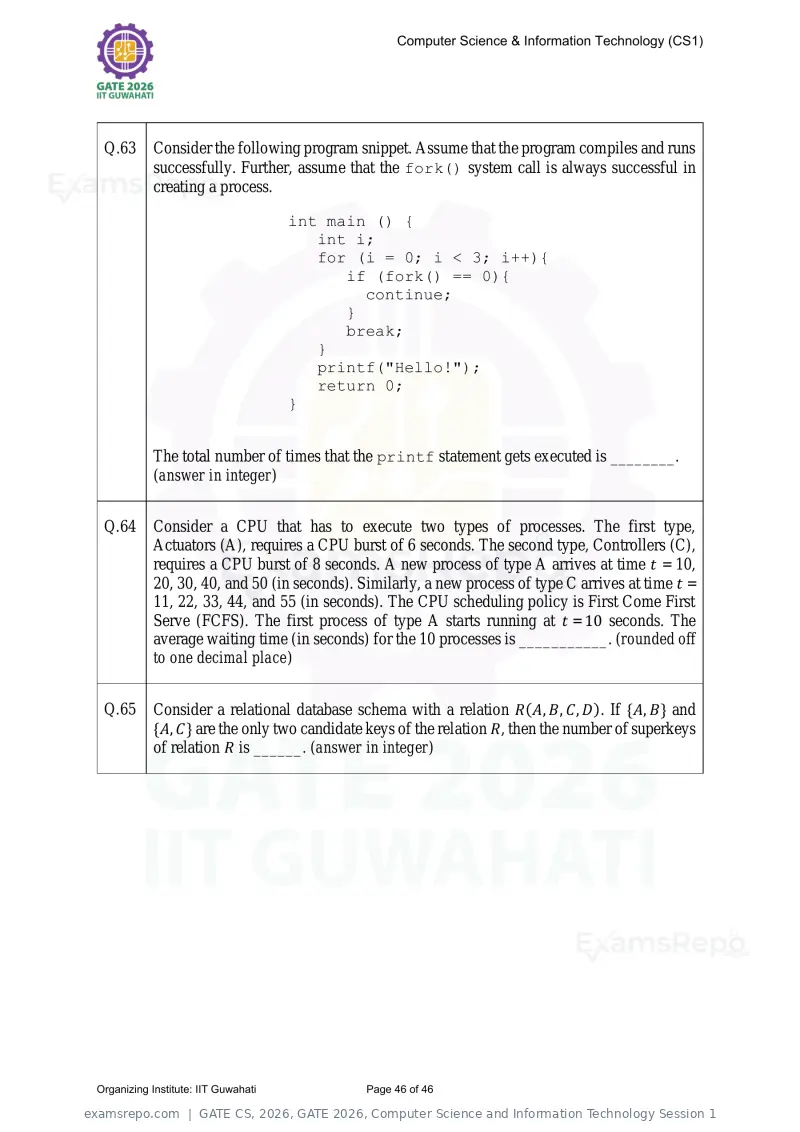 GATE CS 2026 question paper, GATE 2026, Computer Science and Information Technology Session 1, page 46 of 46