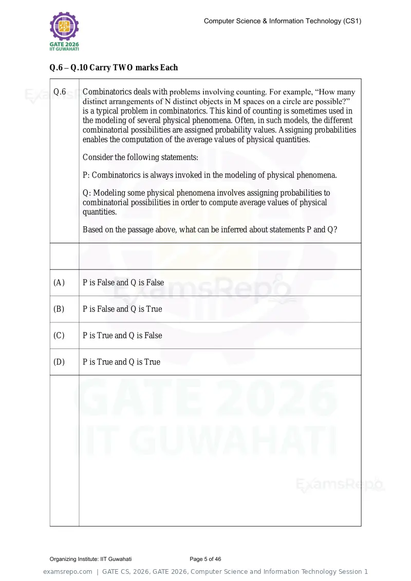 GATE CS 2026 question paper, GATE 2026, Computer Science and Information Technology Session 1, page 5 of 46