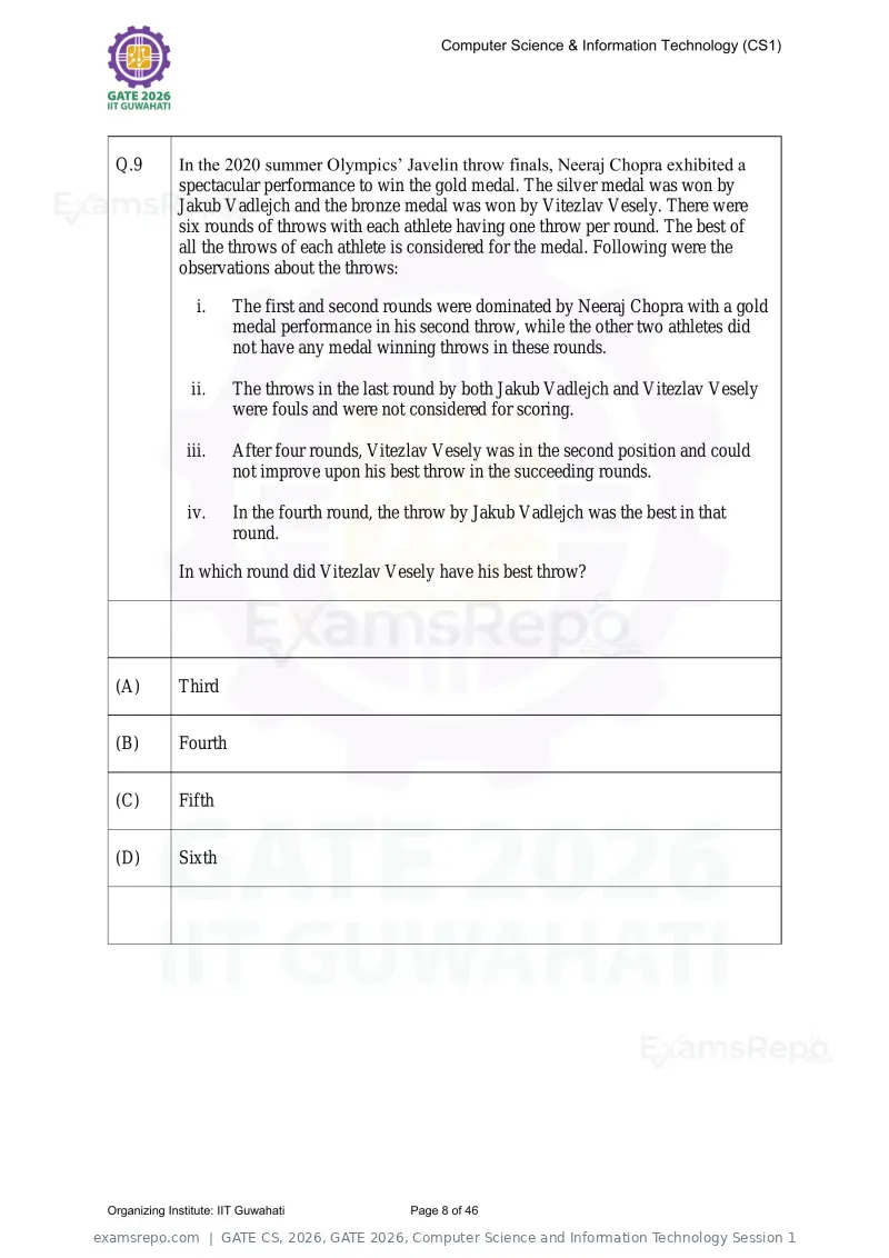 GATE CS 2026 question paper, GATE 2026, Computer Science and Information Technology Session 1, page 8 of 46