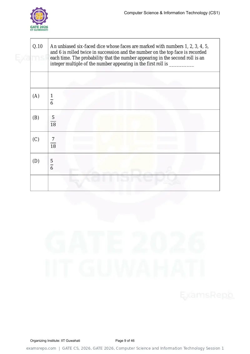 GATE CS 2026 question paper, GATE 2026, Computer Science and Information Technology Session 1, page 9 of 46