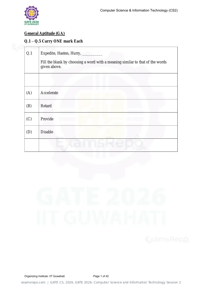 GATE CS 2026 question paper, GATE 2026, Computer Science and Information Technology Session 2, page 1 of 42