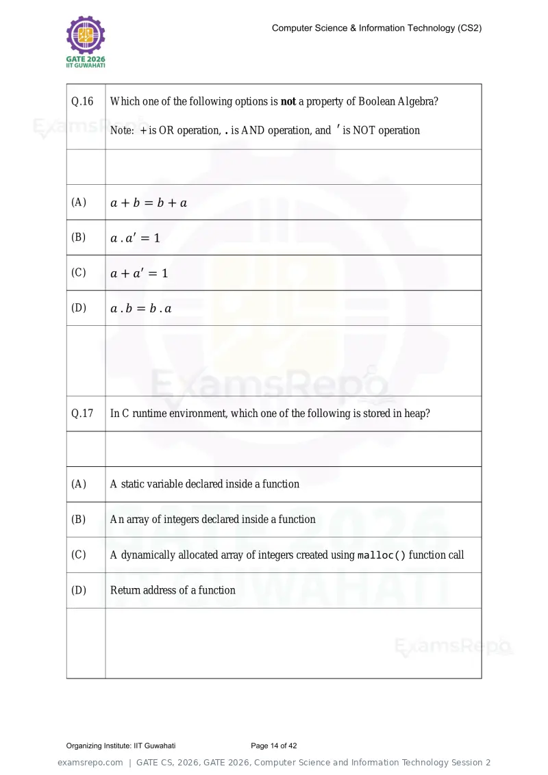 GATE CS 2026 question paper, GATE 2026, Computer Science and Information Technology Session 2, page 14 of 42